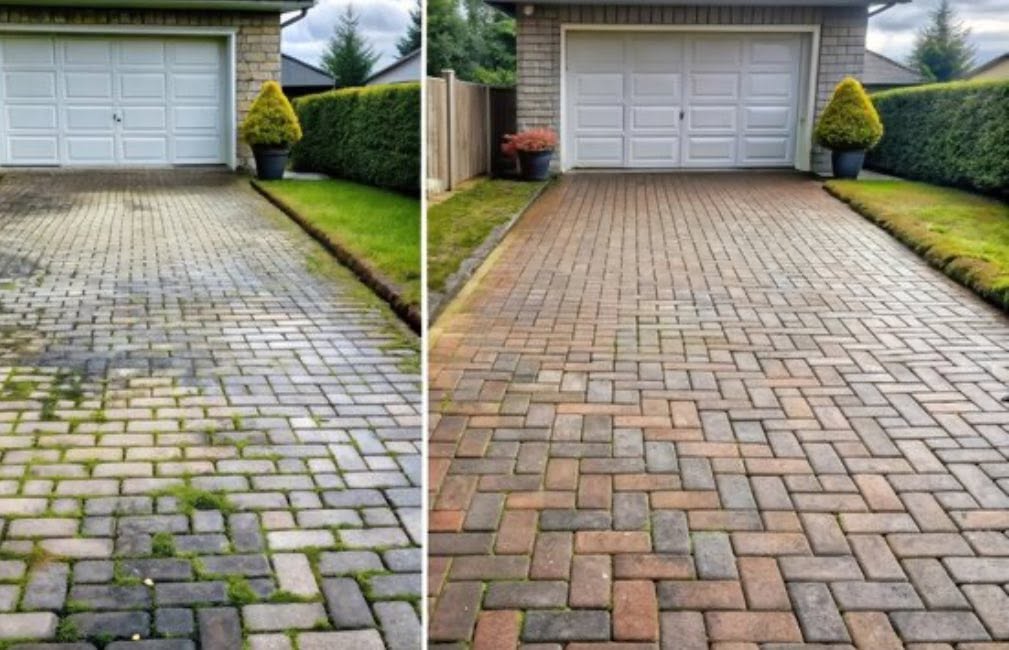 Before and after paver driveway cleaning by J's Pressure Washing